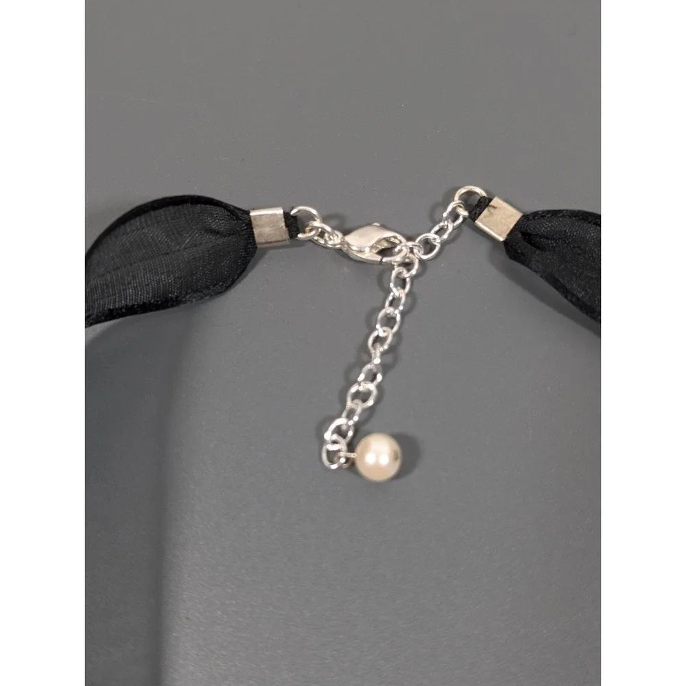 Retro Black Ribbon Choker Necklace Faux Pearl Charms 17‎ in